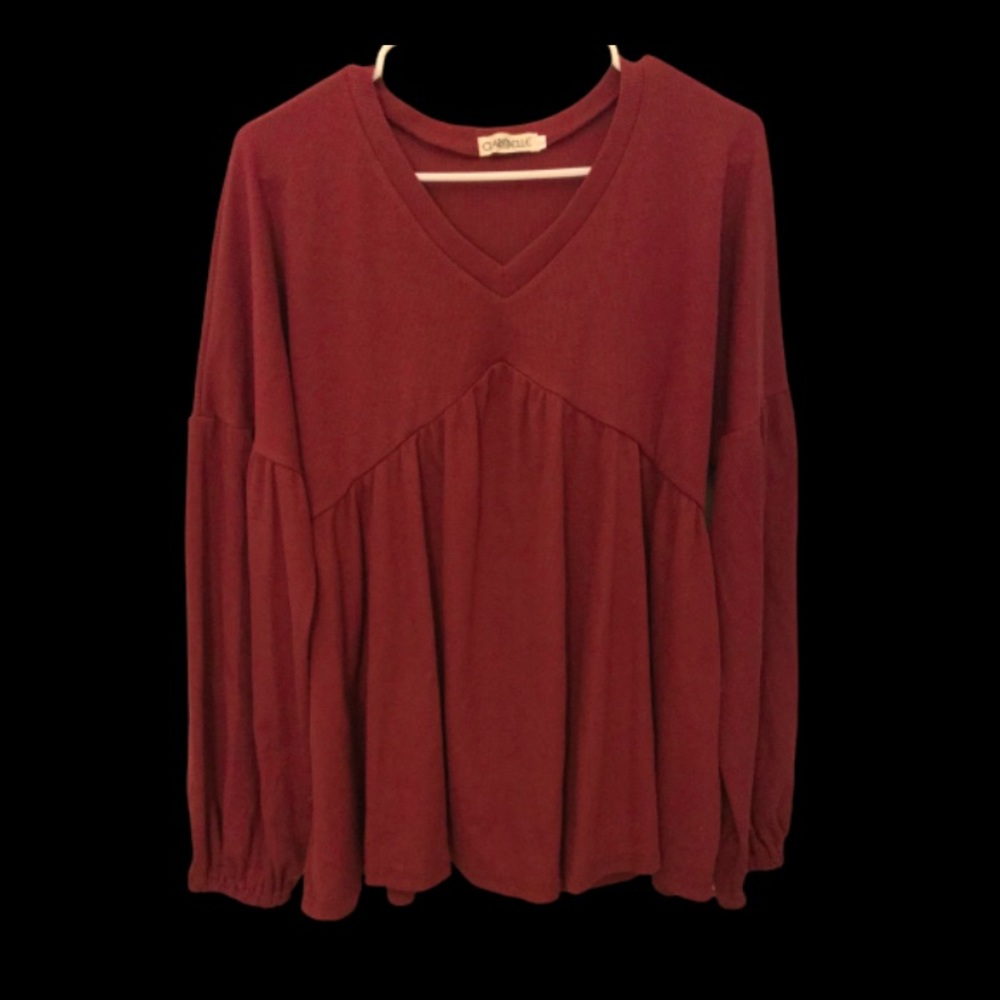 CLARISBELLE Casual V-neck Long Sleeve Flowy Maroon Blouse